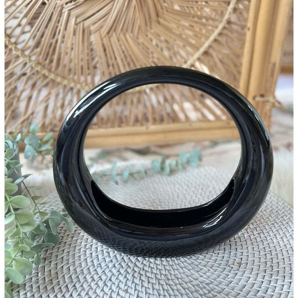 Vintage Retro Mod Glossy Black Ceramic Round Donut Planter